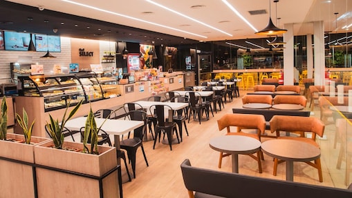Brightly lit café and seating area